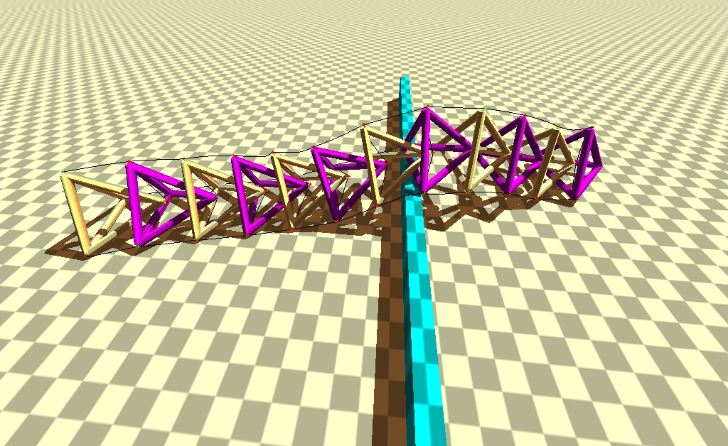 Tensegrity robot simulation crawling over an obstacle in a physics-based environment.